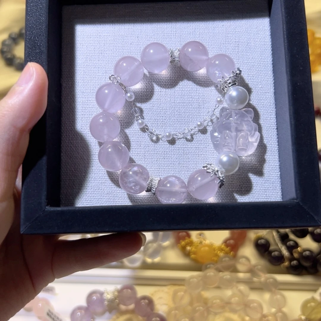 烟晶手链银S925镶嵌炸毛九尾粉水晶 13.2mm