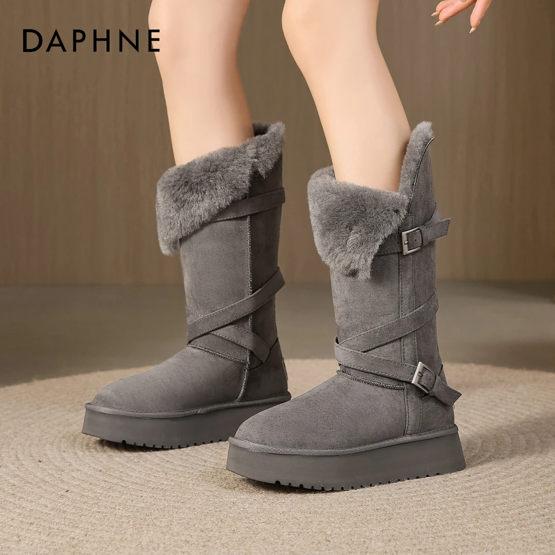 达芙妮两穿灰色高筒雪地靴女2025新款冬季厚底增高棉鞋中筒棉靴子
