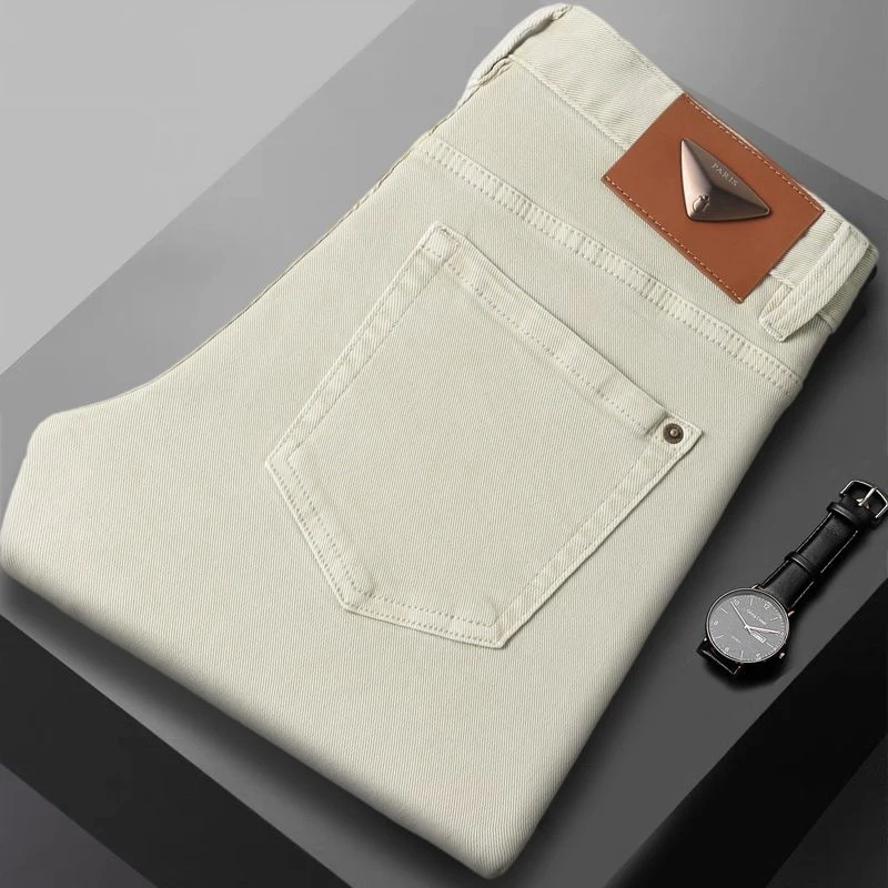 欧货高端秋季新款米其色牛仔裤男纯棉修身小脚弹力时尚潮流长裤男