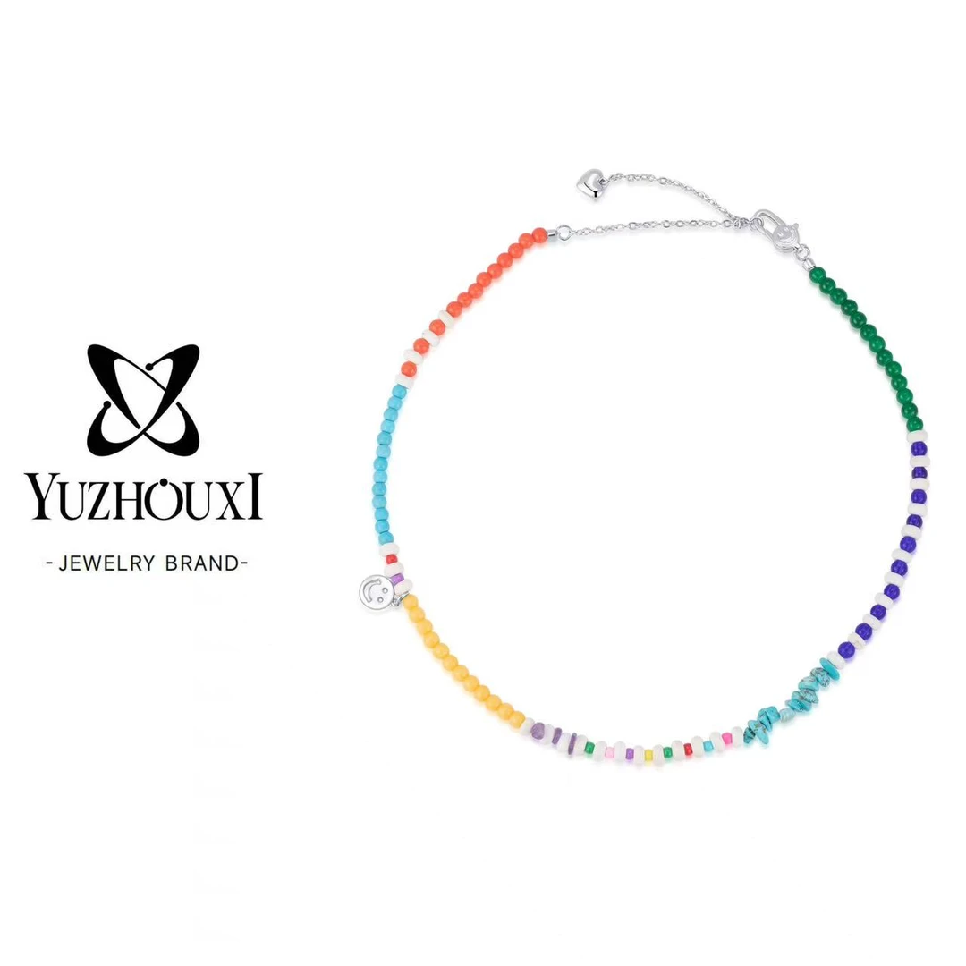 铜合金大理石项链 U5-033【彩色串珠笑脸扣头百搭石头项链】