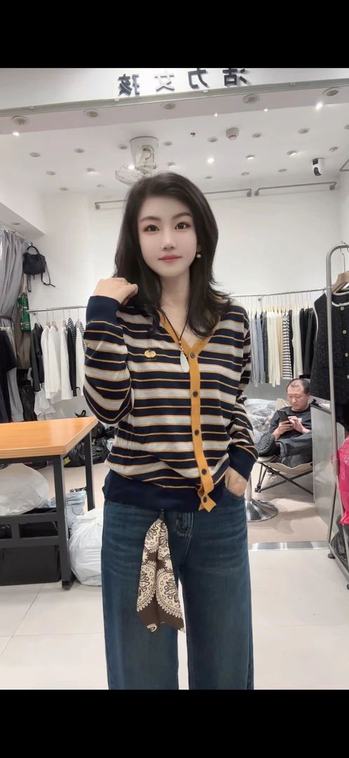 冬季开衫款针织条纹长袖毛针织衫女装活力翻领百搭