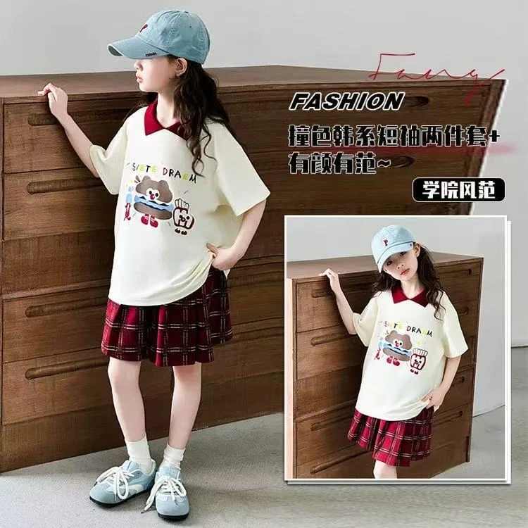 505747 韩版女童套装儿童洋气时髦短袖T恤格子百褶裙两件套