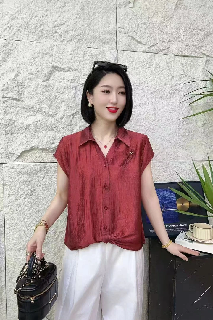 2025夏新款时尚洋气翻领短袖衬衫韩版宽松显瘦宽松遮肚子上衣女