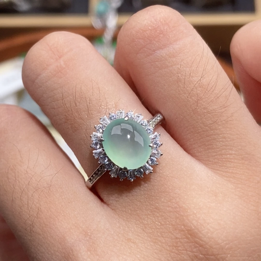 翡翠戒指银S925镶嵌纯天然缅甸翡翠A货戒指