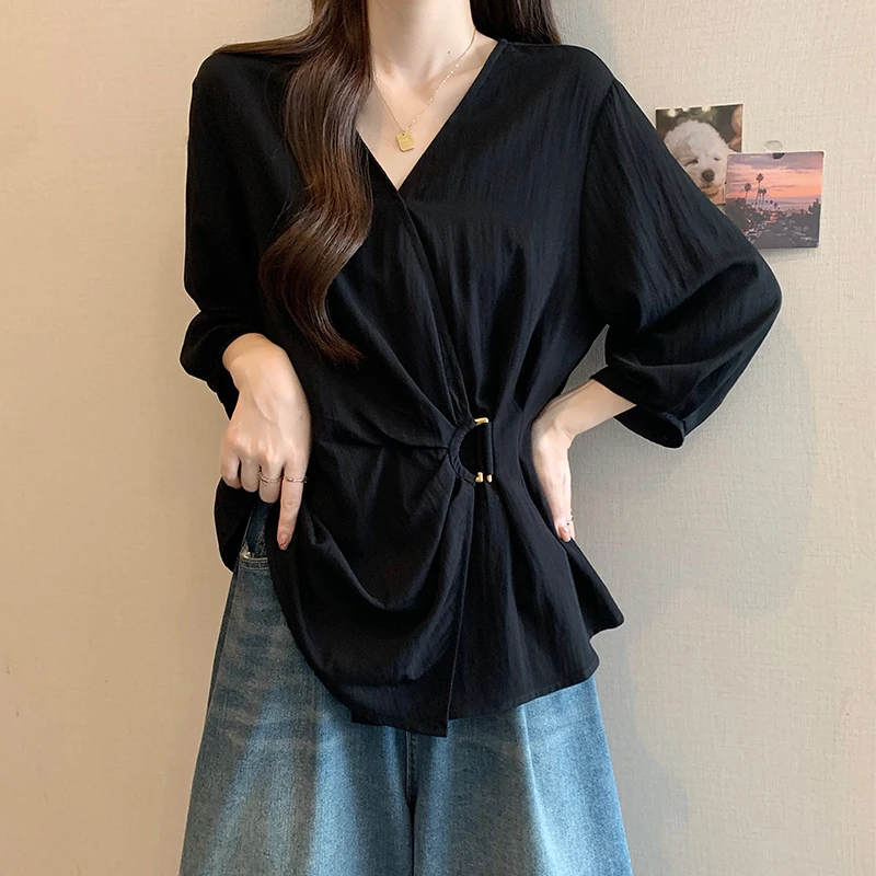 大码法式气质V领遮肚子半袖雪纺衫女春秋胖妹妹宽松显瘦正肩上衣