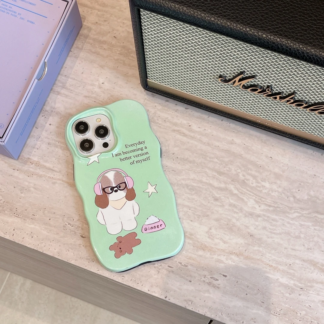 绿小狗苹果手机壳适用15promax防摔硬壳卡通波浪菲林软壳全包仙女