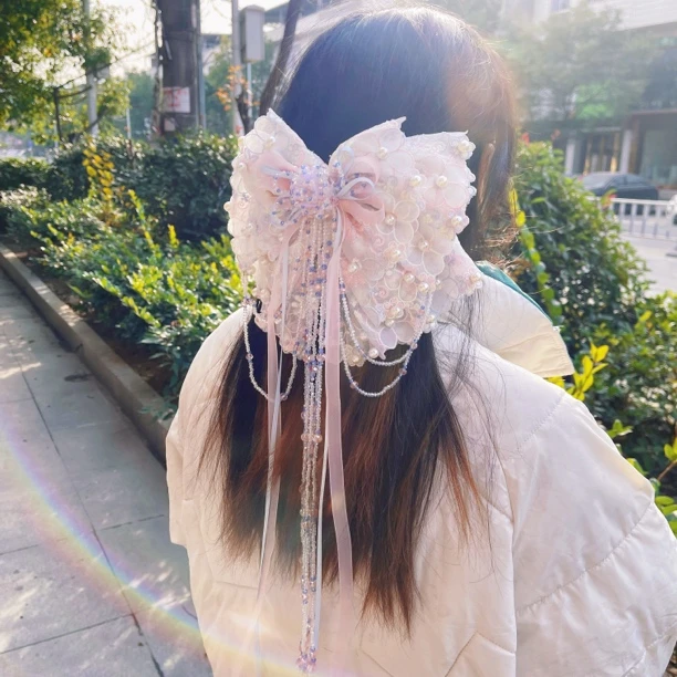 《梦镜花园》纯手工钉珠日单蕾丝蝴蝶结发夹后脑勺夹子