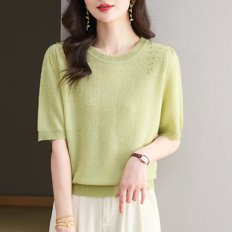 天丝针织衫短袖t恤女装2025新款年轻妈妈夏装时尚洋气小香风上衣