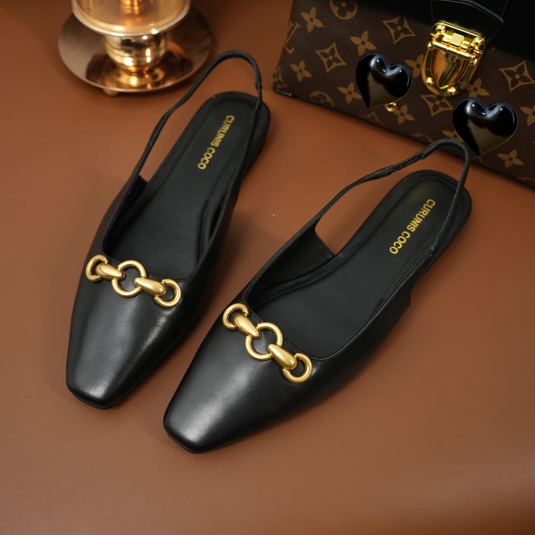 【沐风】春季单鞋百搭黑色方头低跟日常优雅浅口平跟819-2