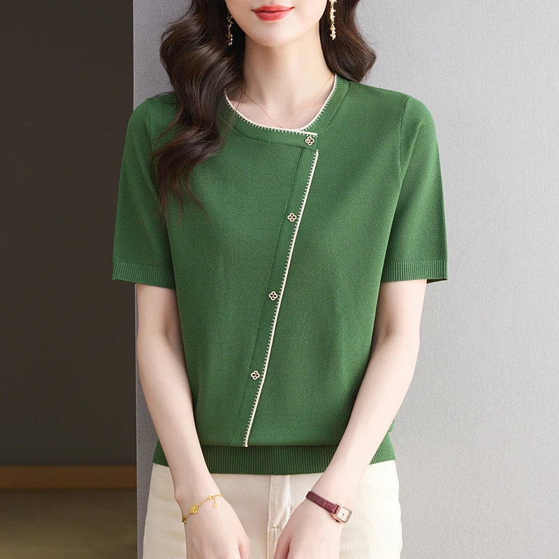 【天丝】夏季新款圆领女装短袖T恤洋气宽松显瘦针织薄款时尚