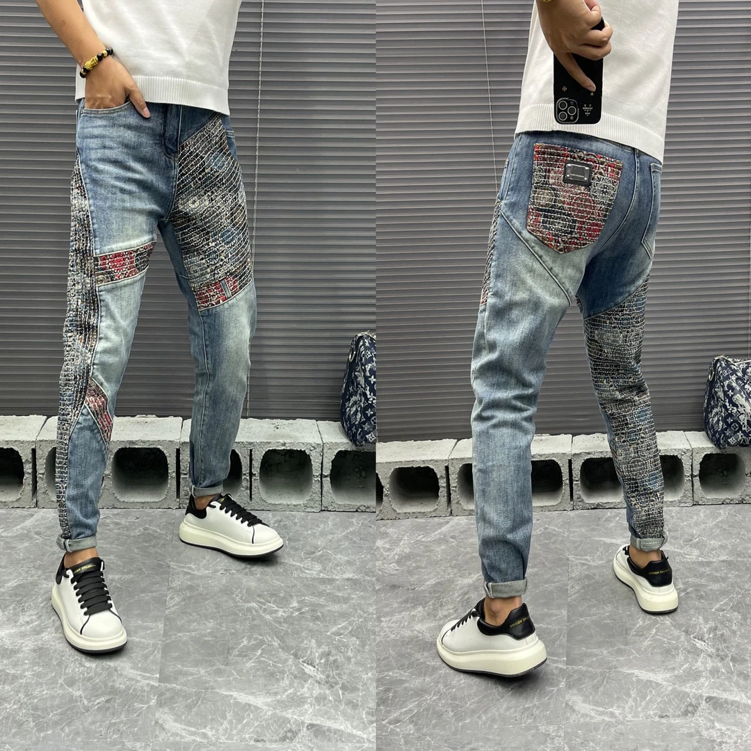 高端欧货拼接重工艺刺绣男士牛仔裤春秋季休闲时尚奢潮水洗蓝色潮