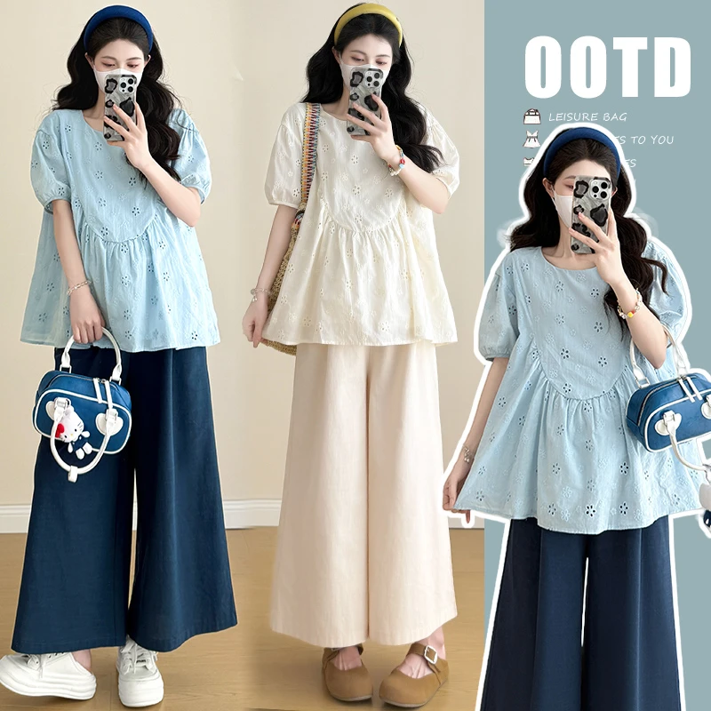 孕妇装夏季新款时尚百搭镂空花刺绣衬衫孕期宽松显瘦休闲短袖上衣