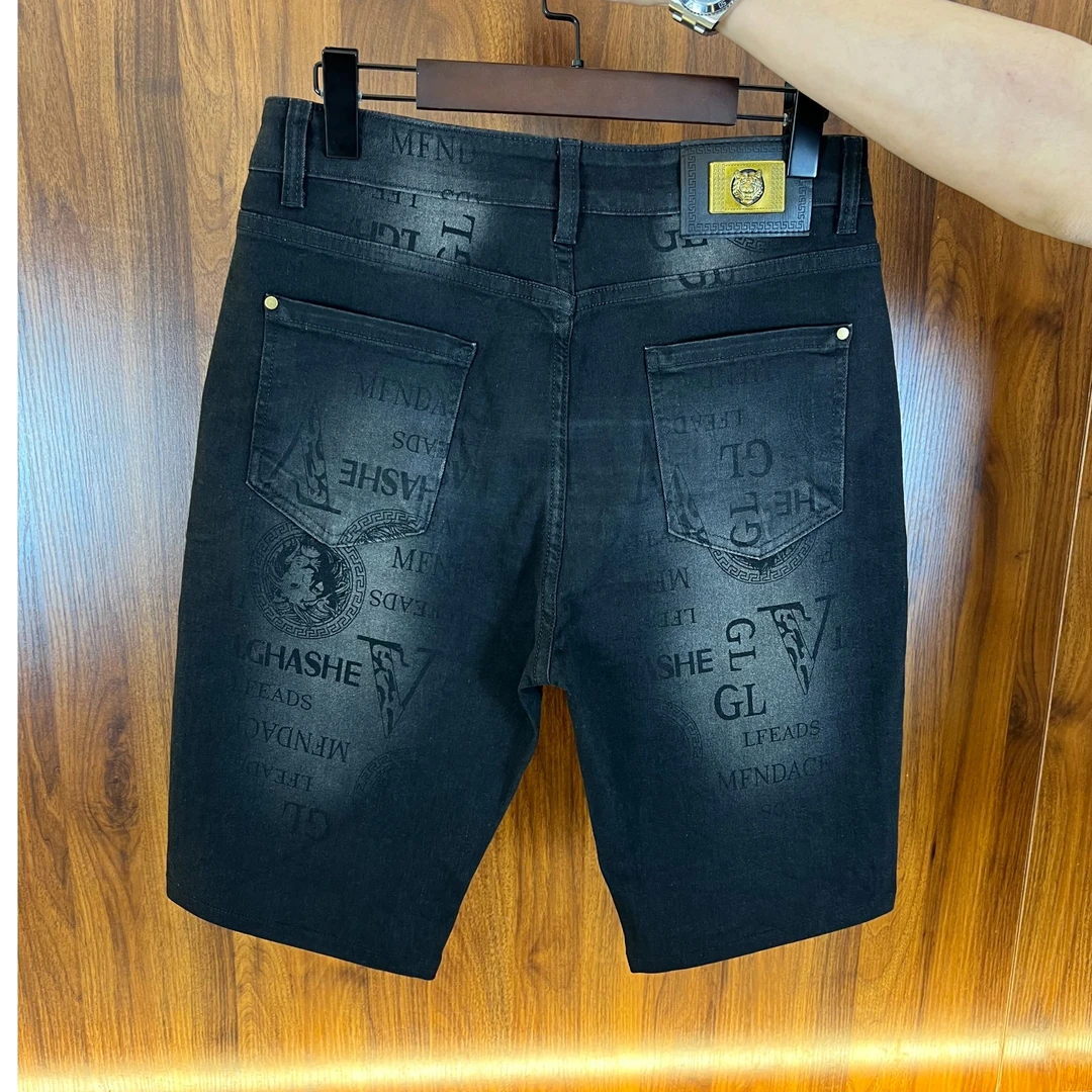 潮牌经典虎头印花牛仔裤男春夏季修身小直筒弹力高端欧美水洗短裤