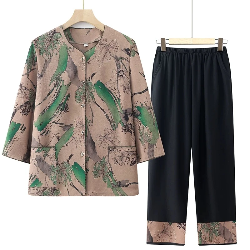 9424-夏季新款短袖新中式国风妈妈装开衫+裤子套装（A仓西楼梯）