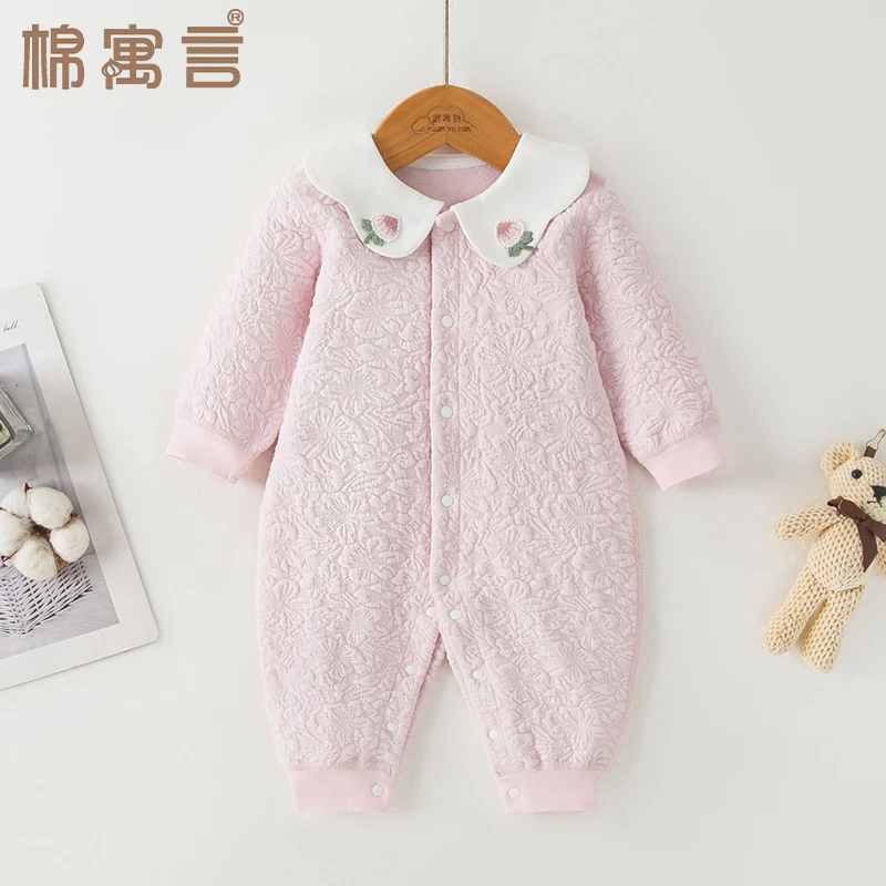 婴儿夹棉连体衣秋冬三层保暖空气棉长袖哈衣爬服洋气女宝宝外出服