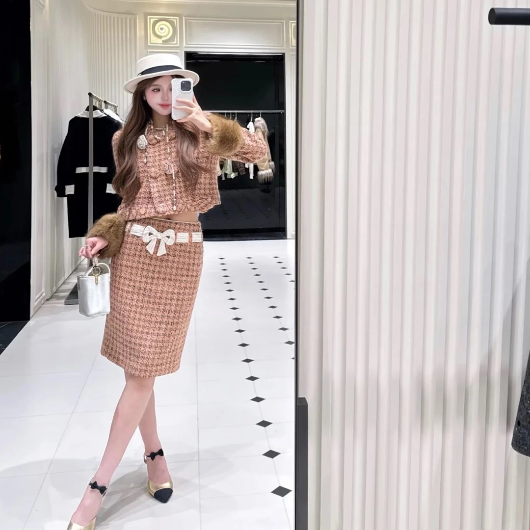 花颜千金归来）橘粉色千鸟格小香风外套半裙套装25秋冬新款