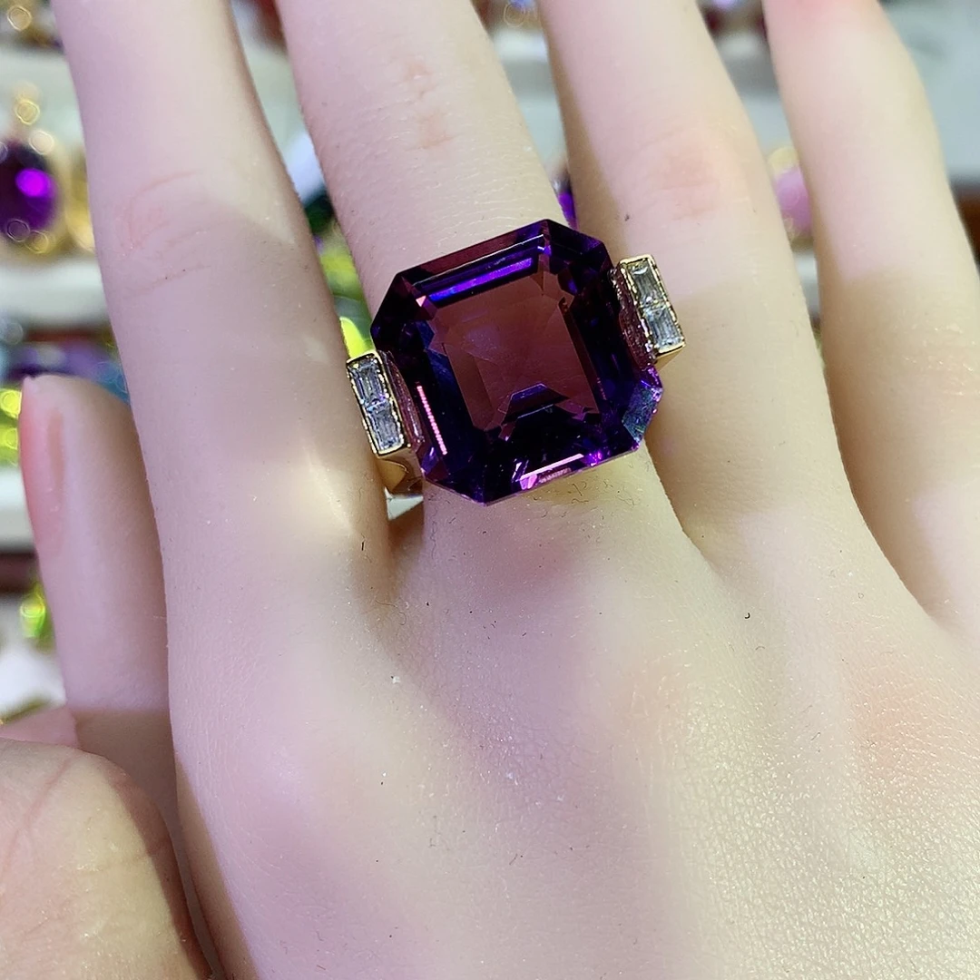 紫晶戒指银S925镀金镶嵌