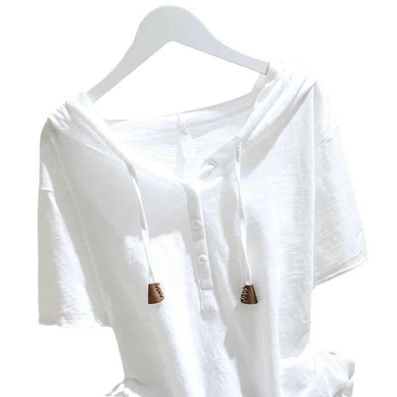 2025年连帽短袖恤女春夏季新款宽松显瘦百搭遮肚套头上衣