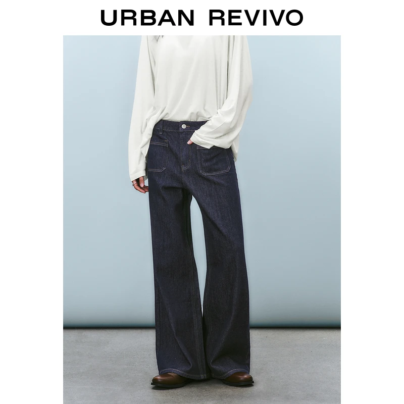 UR2025春季新款女装欧若风撞色明线口袋阔腿牛仔长裤UYU850047