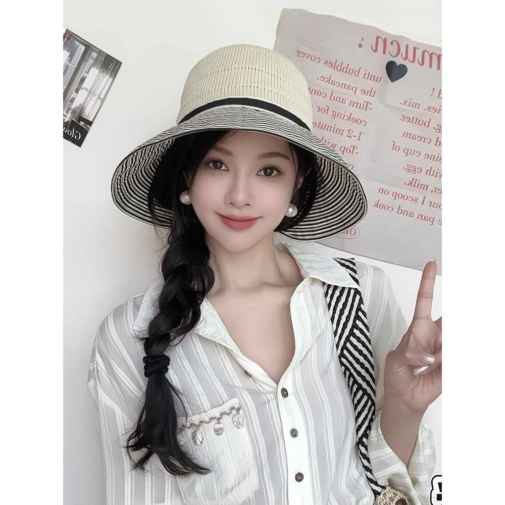 德芬妲渔夫帽防晒女大帽檐防紫外线时尚条纹遮阳可折叠户外太阳帽