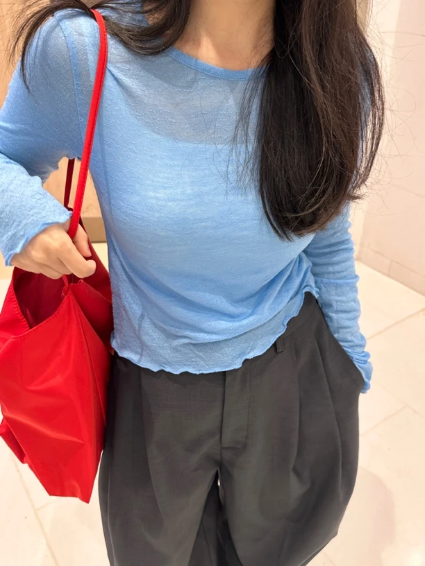 小花同学 韩版圆领木耳边修身显瘦T恤