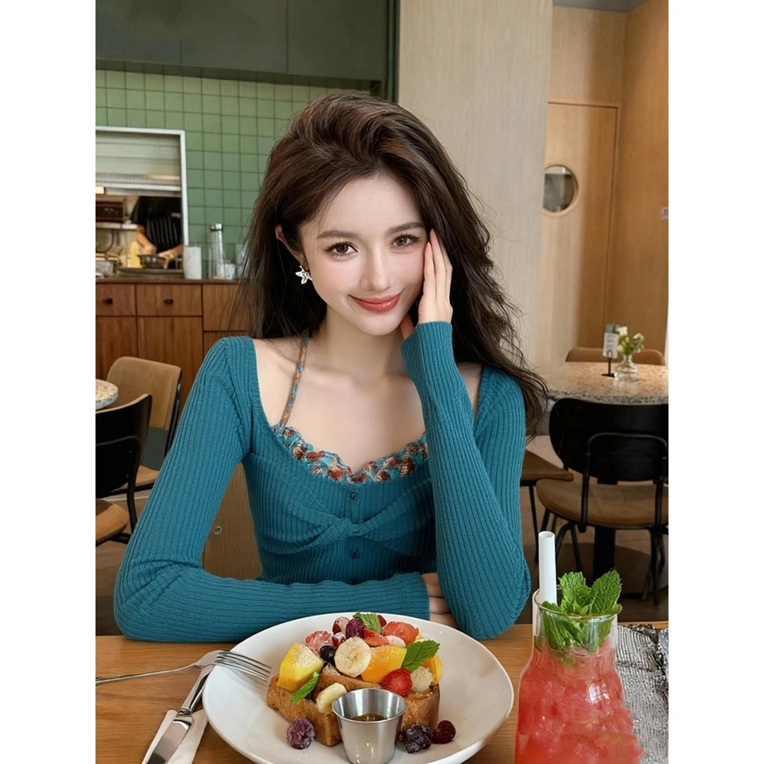 韩系辣妹撞色假两件方领长袖t恤女秋冬设计感内搭挂脖打底衫上衣