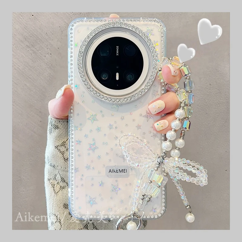 适用华为mate70pro+手机壳水钻镜头框mate60pro+镭射亮片星星链条