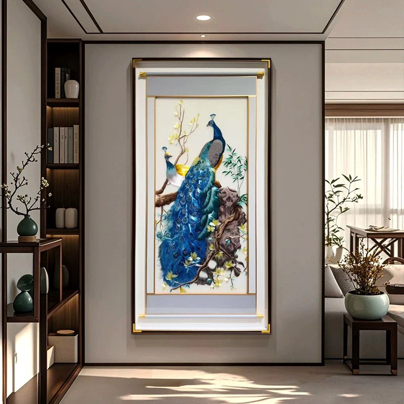 织锦玄关孔雀刺绣挂画客厅走廊简约过道苏绣装饰画新中式入户壁画