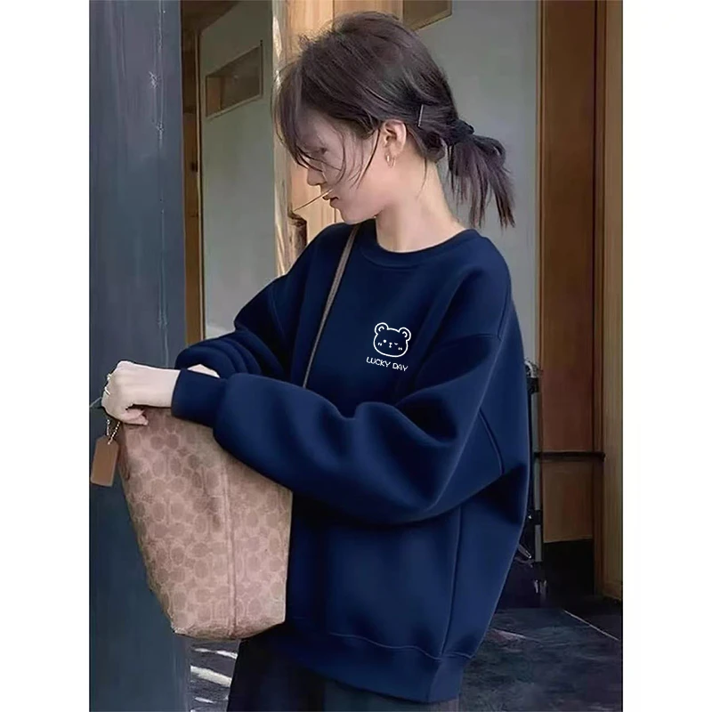 小个子圆领长袖加绒设计感卫衣秋冬新款洋气休闲宽松大码套头外套