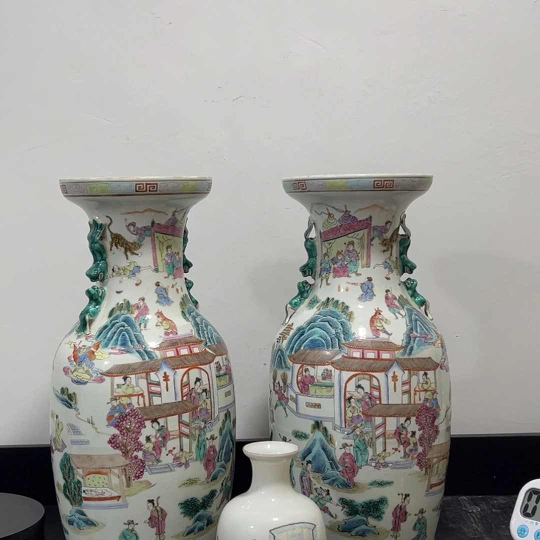 霍***叔粉彩24孝赏瓶一对+薄胎童子瓶
