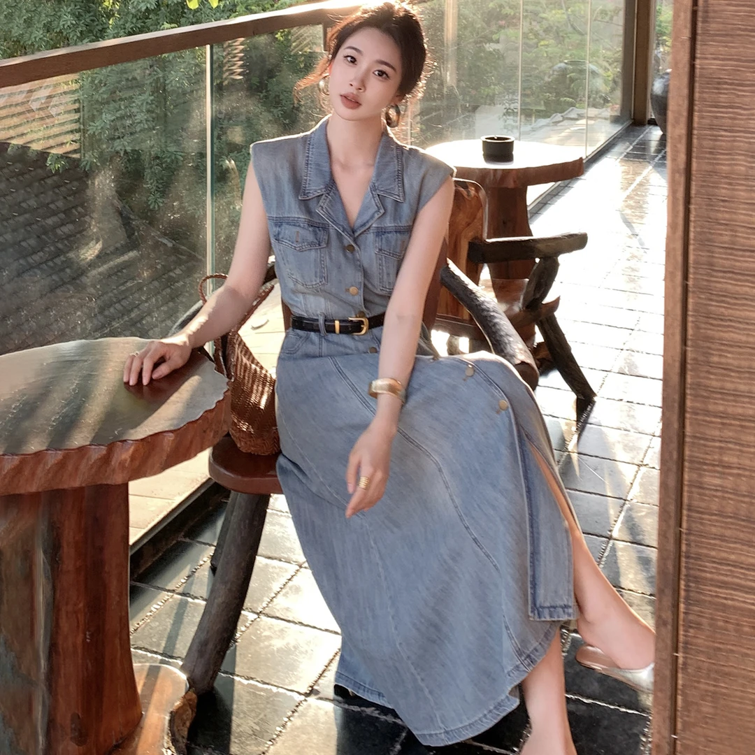 SYT自制年代感港风牛仔连衣裙配腰带
