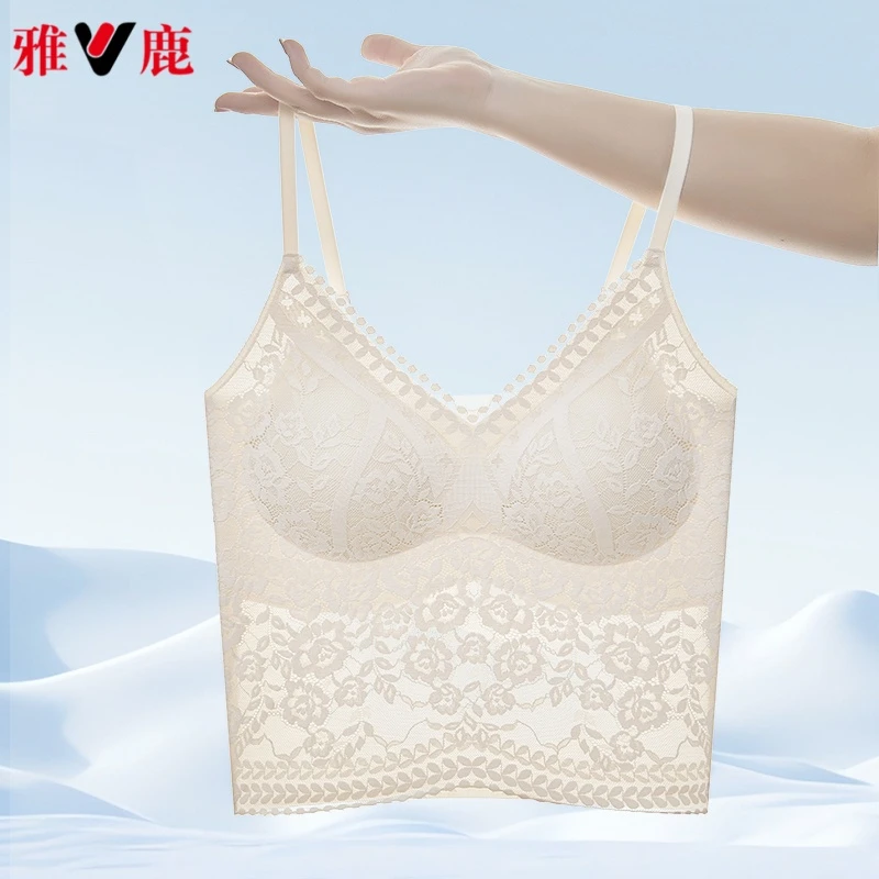 蕾丝无痕美背内衣带胸垫吊带背心女内搭文胸一体杯防走光打底上衣