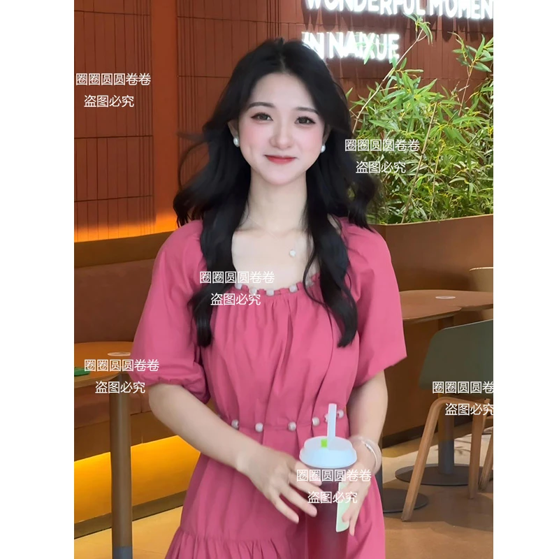 【现货+运补】【卷卷自制】2025粉色短袖中长裙新款收腰减龄连衣裙女