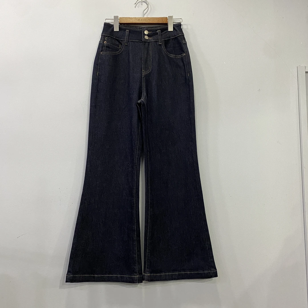 麦寻秋季新款KCNHS06A藏青蓝高腰微喇裤长度101左右牛仔裤显瘦女
