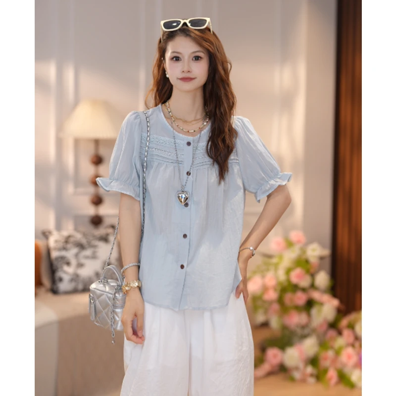 马克华菲女装夏季2025法式减龄显瘦蕾丝拼接气质衬衫泡泡袖宽松 S