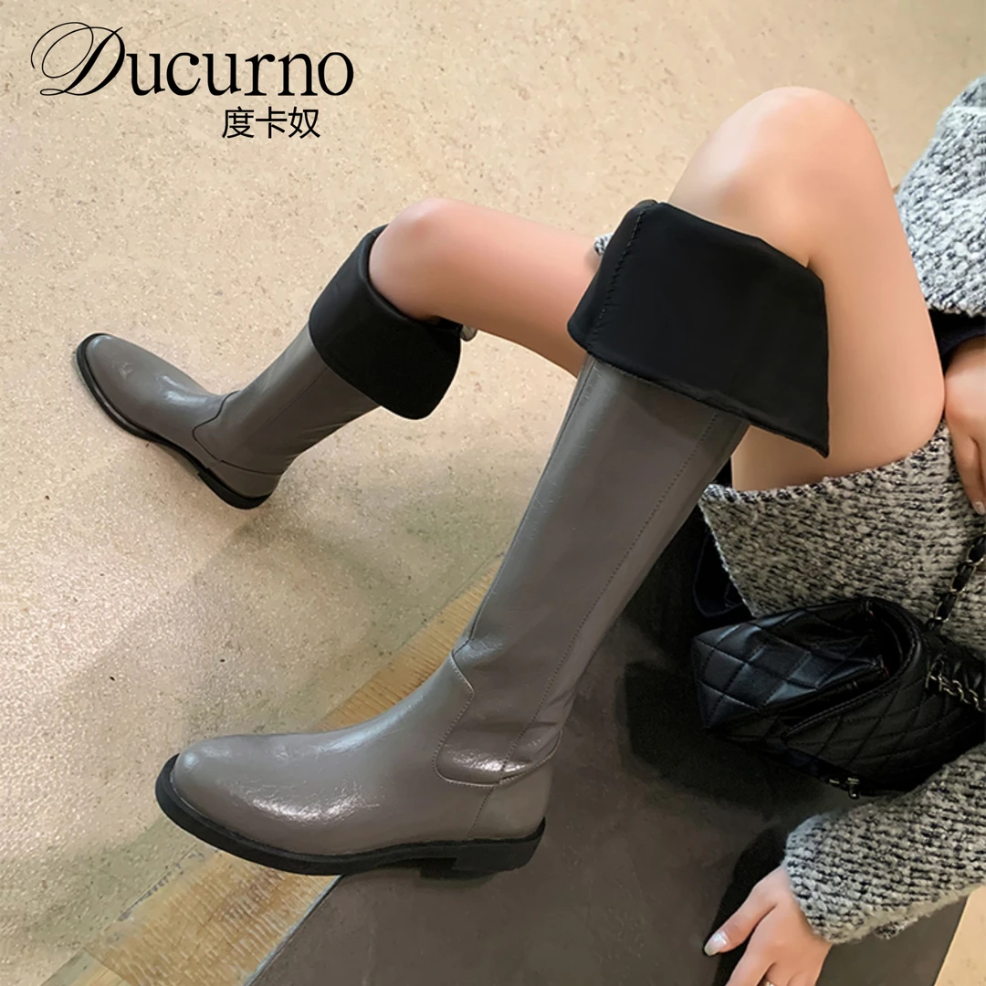 DUCURNO时尚圆头粗跟两穿过膝靴女百搭皮带扣牛皮骑士靴显瘦长靴