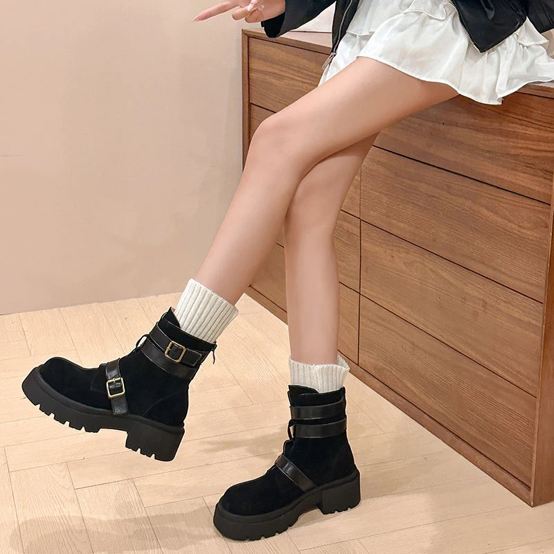 6cm韩版厚底短靴百搭圆头马丁靴棕黄色靴子韩版甜辣千金风工装靴