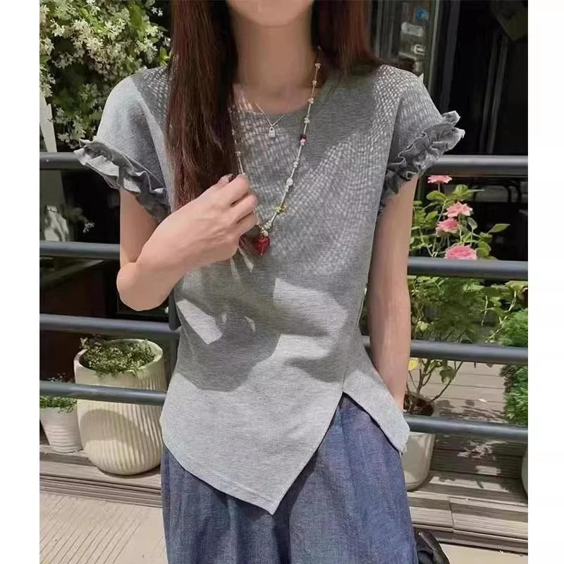 木耳边后背系绳短袖T恤女2025夏季新款不规则设计感洋气百搭上衣