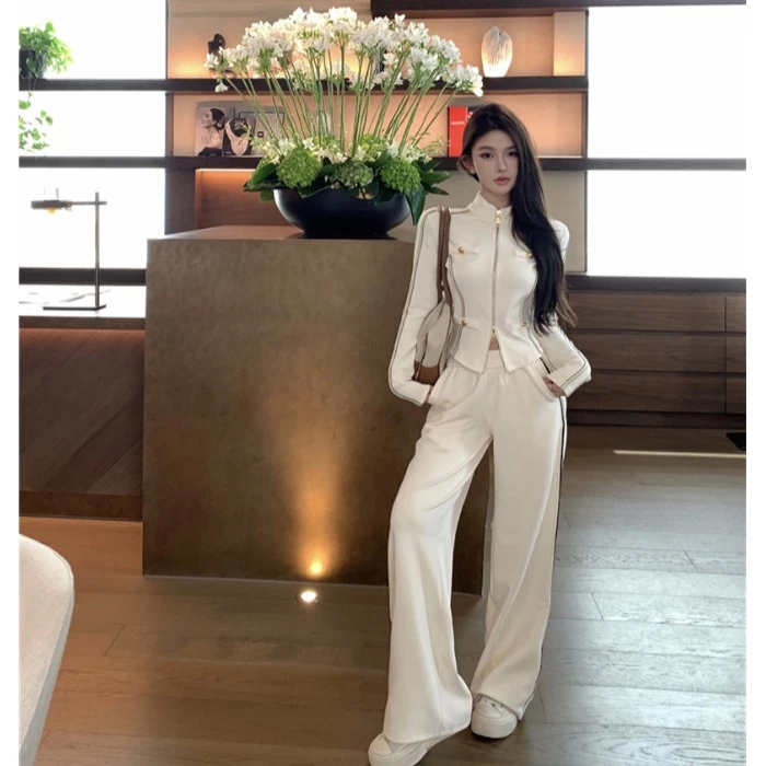 小香风气质长袖双拉链外套女秋季运动套装休闲裤阔腿裤杏色两件套