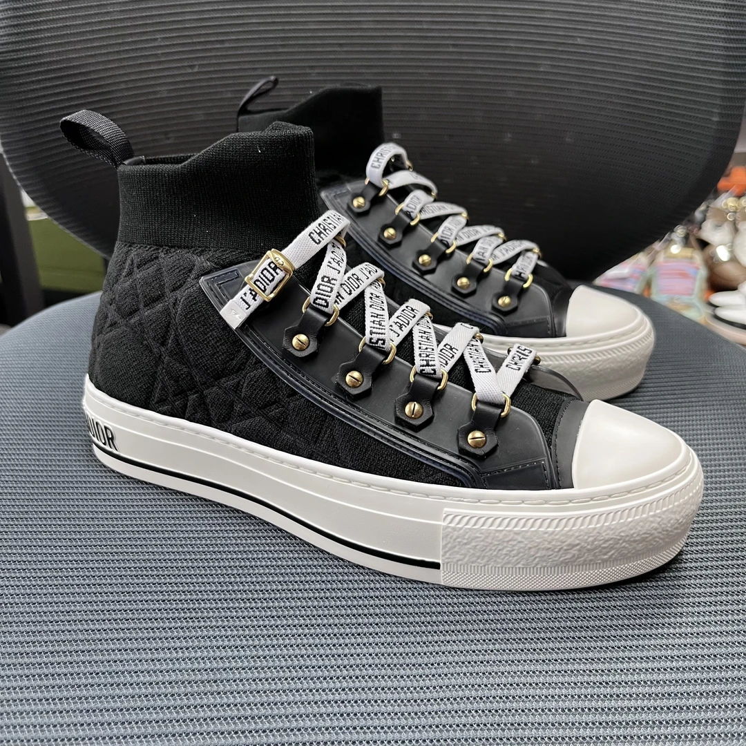 未使用 DIOR/迪奥 35码！夏季厚底鞋时尚藤格纹高帮板鞋黑色运动