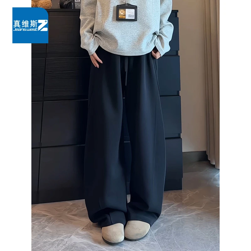 真维斯Z+黑色美式斜切卫裤男秋冬季cleanfit垂感加绒休闲直筒裤子