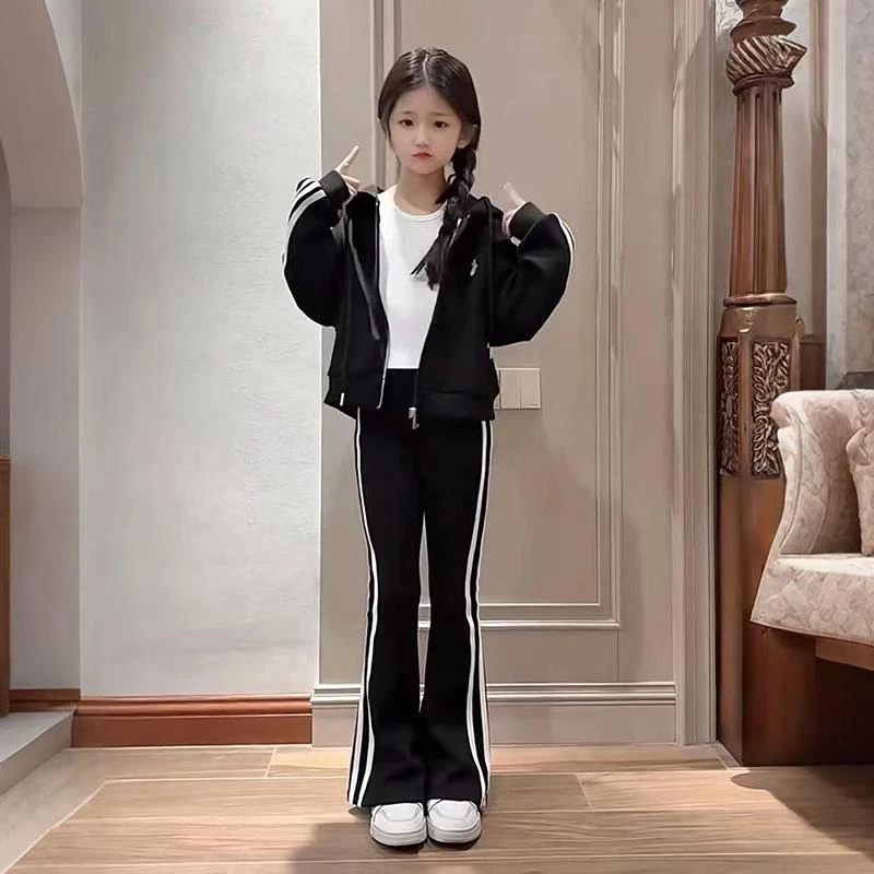 FAVMARTHA女童春装套装2025春季新款儿童拉链开衫外套条纹瘦腿长