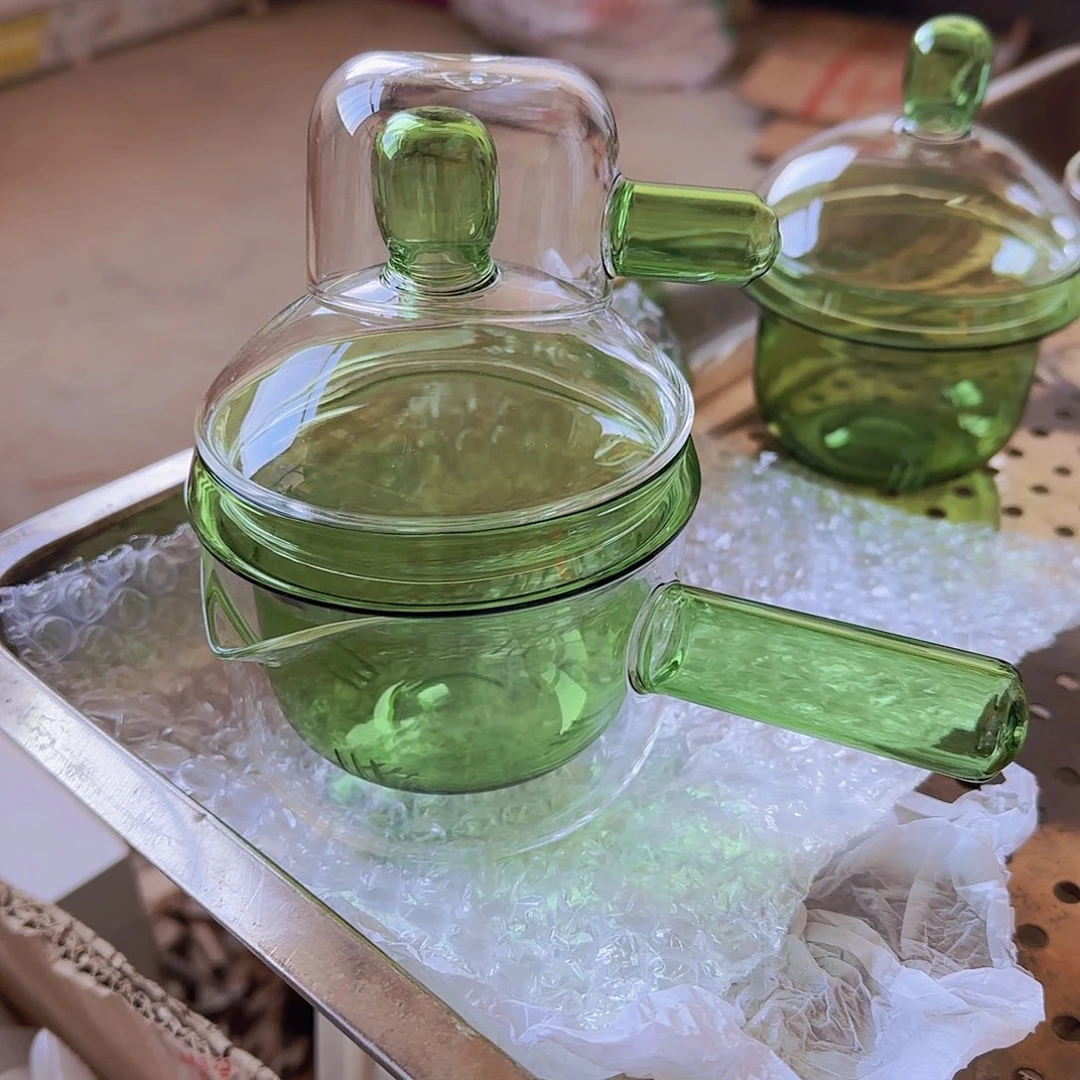 高硼硅玻璃茶水分离款瑕疵物侧把 绿