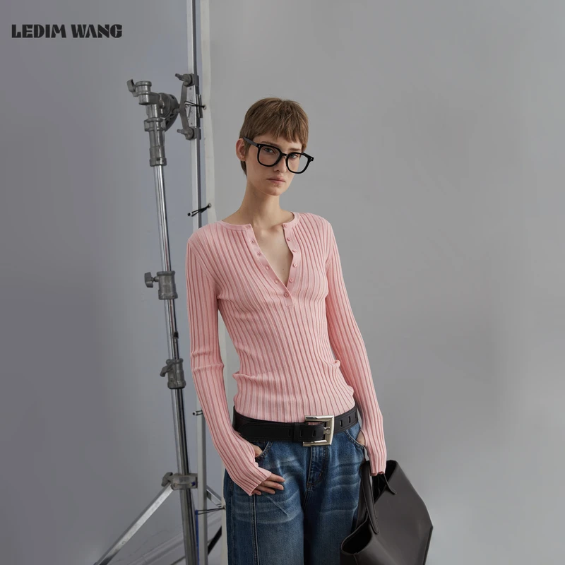 LEDIM WANG白标/修身亨利领毛针织衫女25冬季新款粉色打底衫
