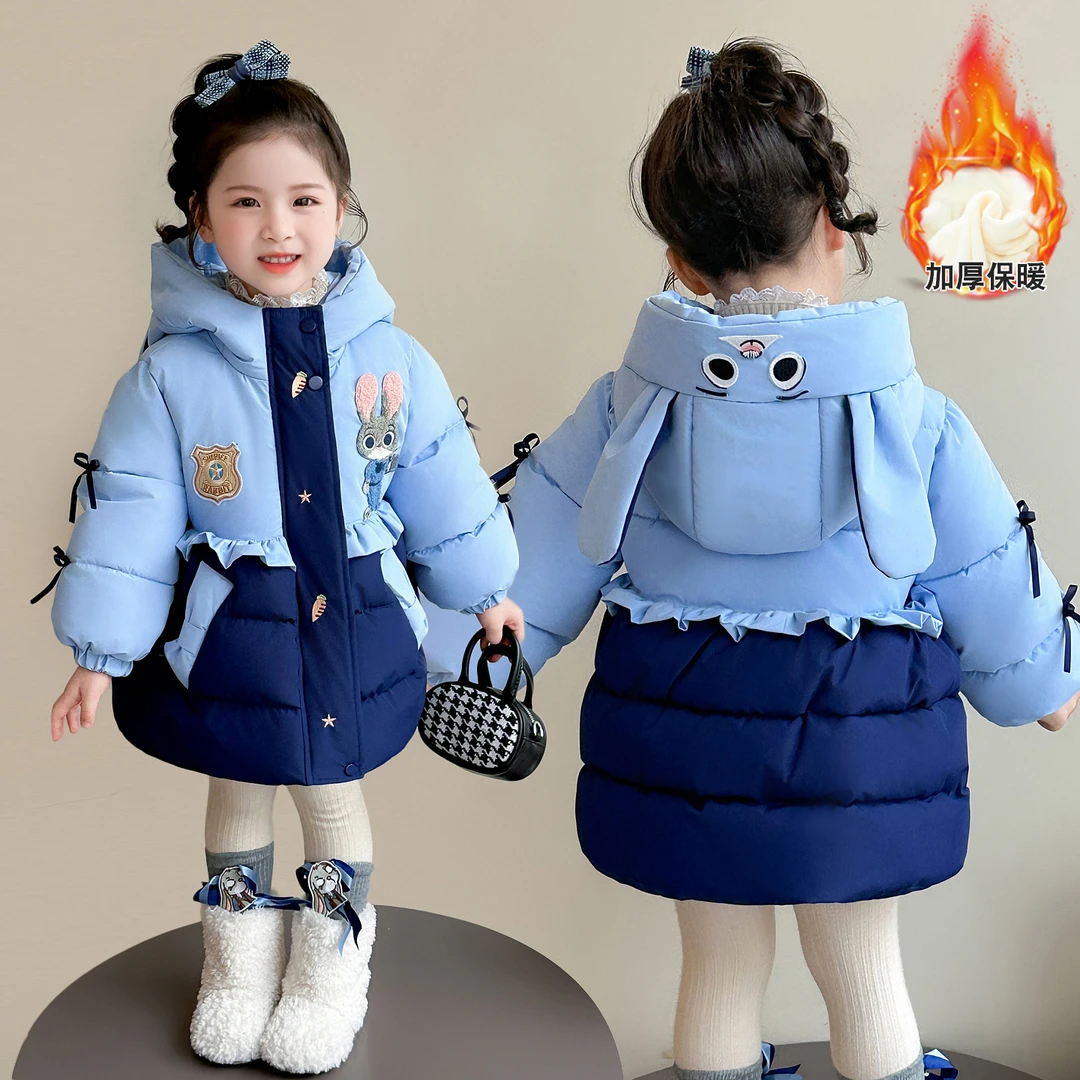 女童冬季棉服加绒加厚2025新款儿童冬装棉袄女宝宝兔子警官棉衣潮