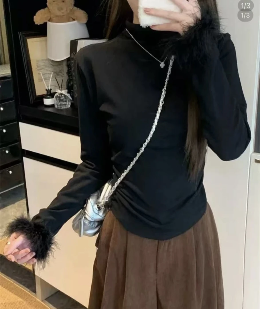 6095新款时尚纯色立领拼接毛毛T恤