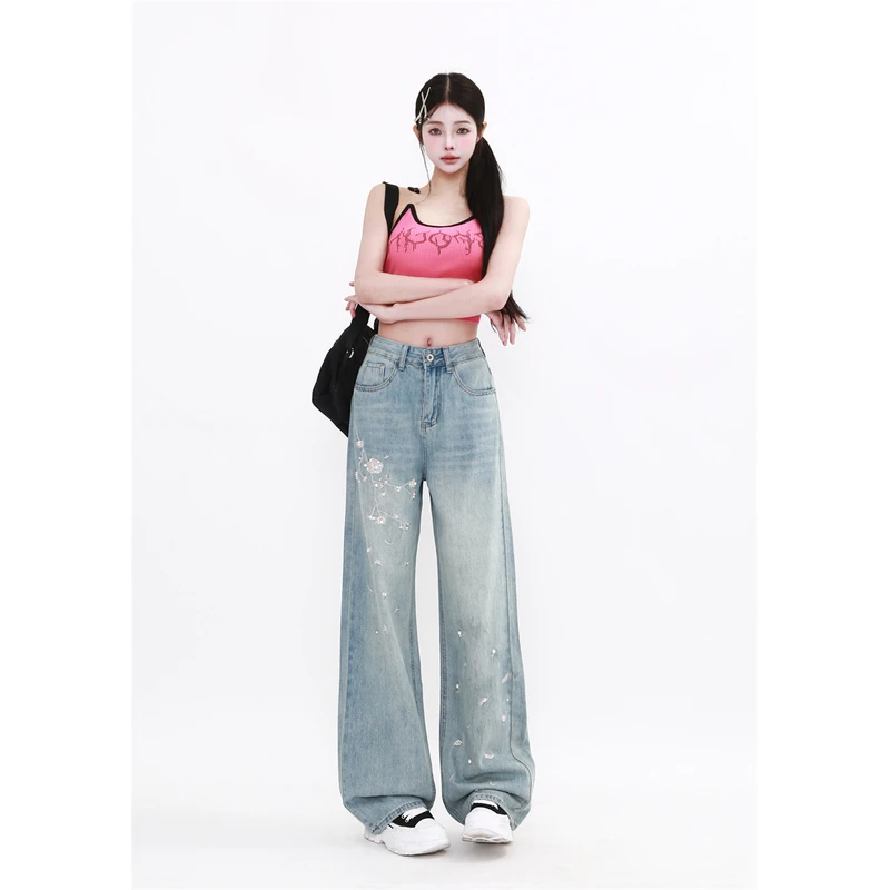 青倾家【腿精少女】绣花重工直筒高腰拖地阔腿裤