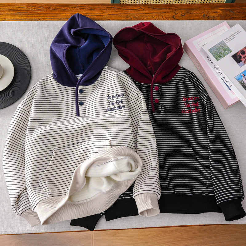 儿童冬新款条纹连帽卫衣2025加绒撞色休闲长袖男童保暖打底衫