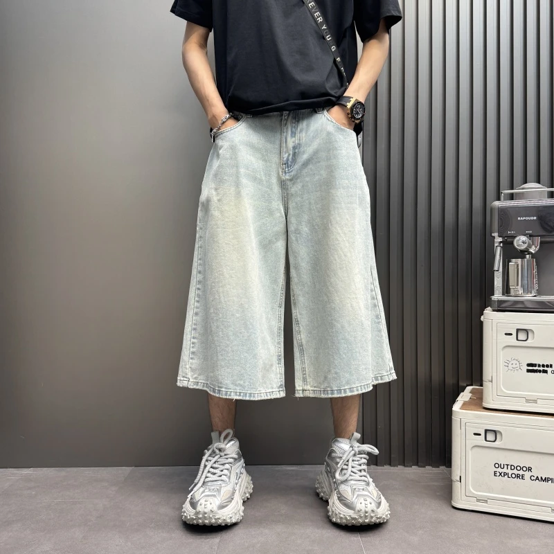 大直筒宽松七分简约休闲裤2025新款男士纯男士蓝色阔腿牛仔直筒裤