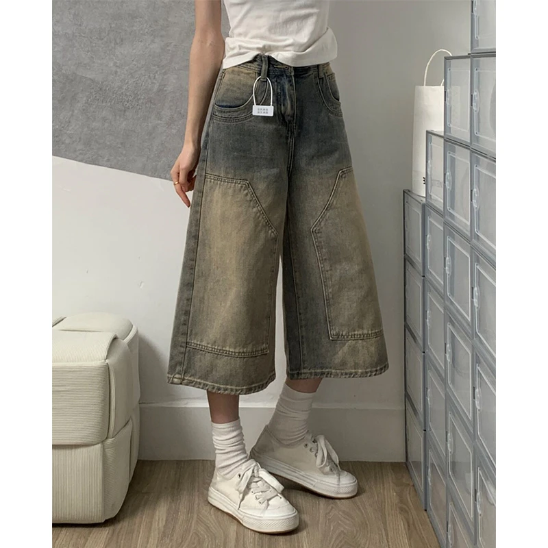 复古做旧设计感七分牛仔裤女夏季新款高腰通勤百搭宽松显瘦直筒裤